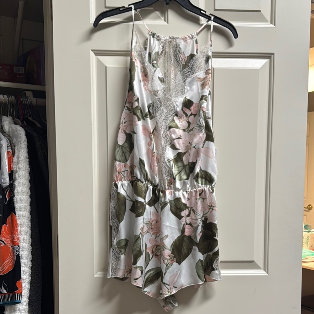 Floral Satin Romper with Lace Trim